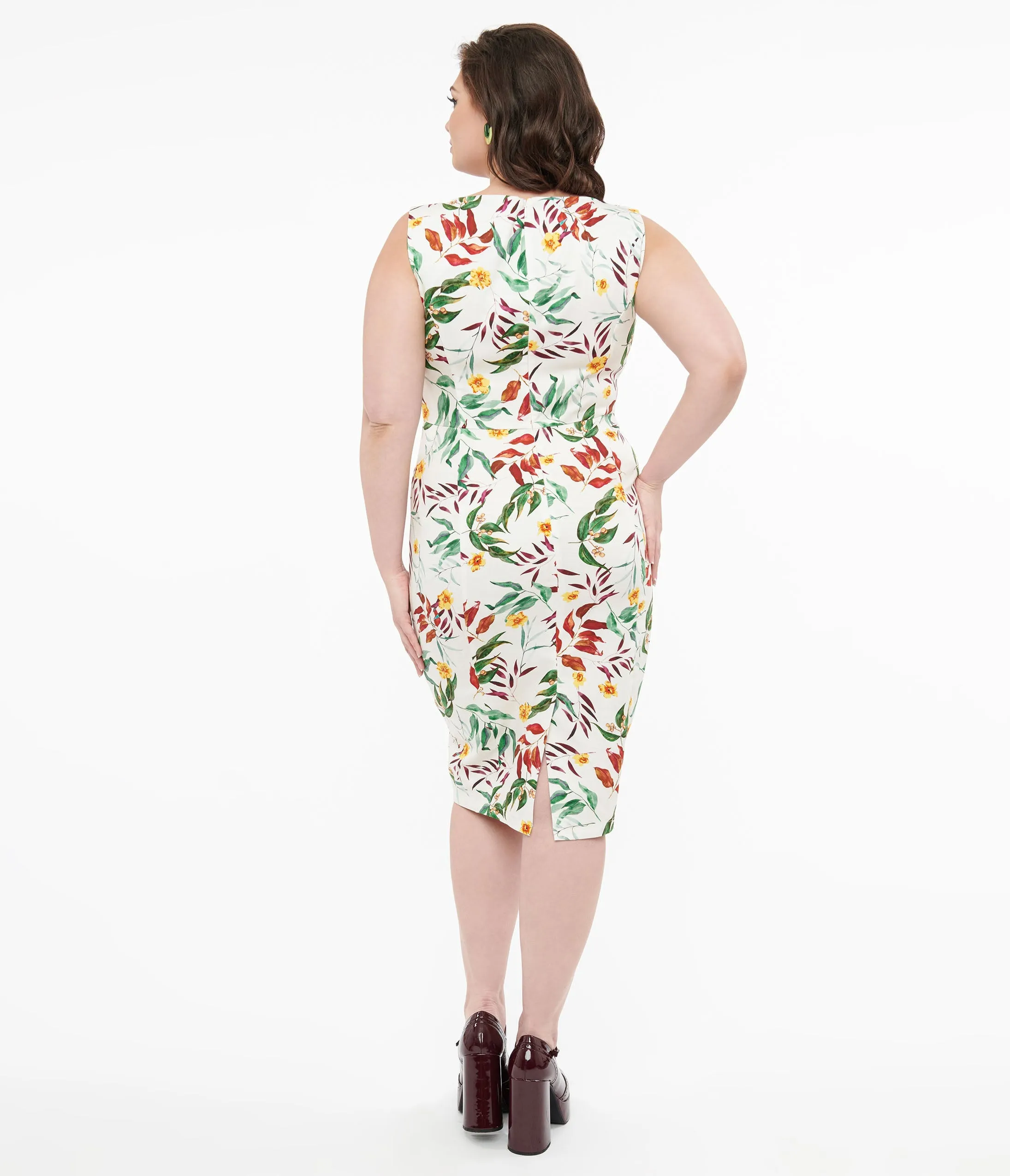 1950s White & Tropical Floral Cotton Jewel Wiggle Dress