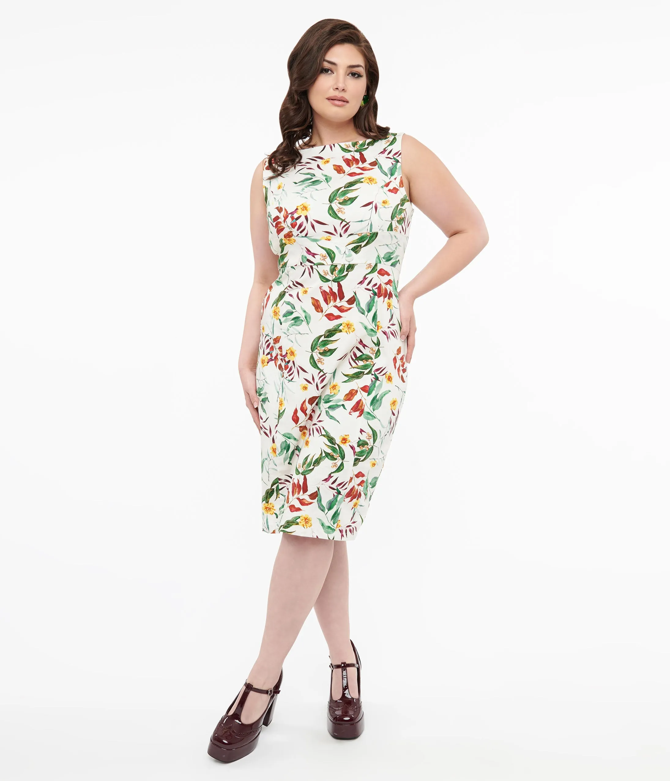 1950s White & Tropical Floral Cotton Jewel Wiggle Dress