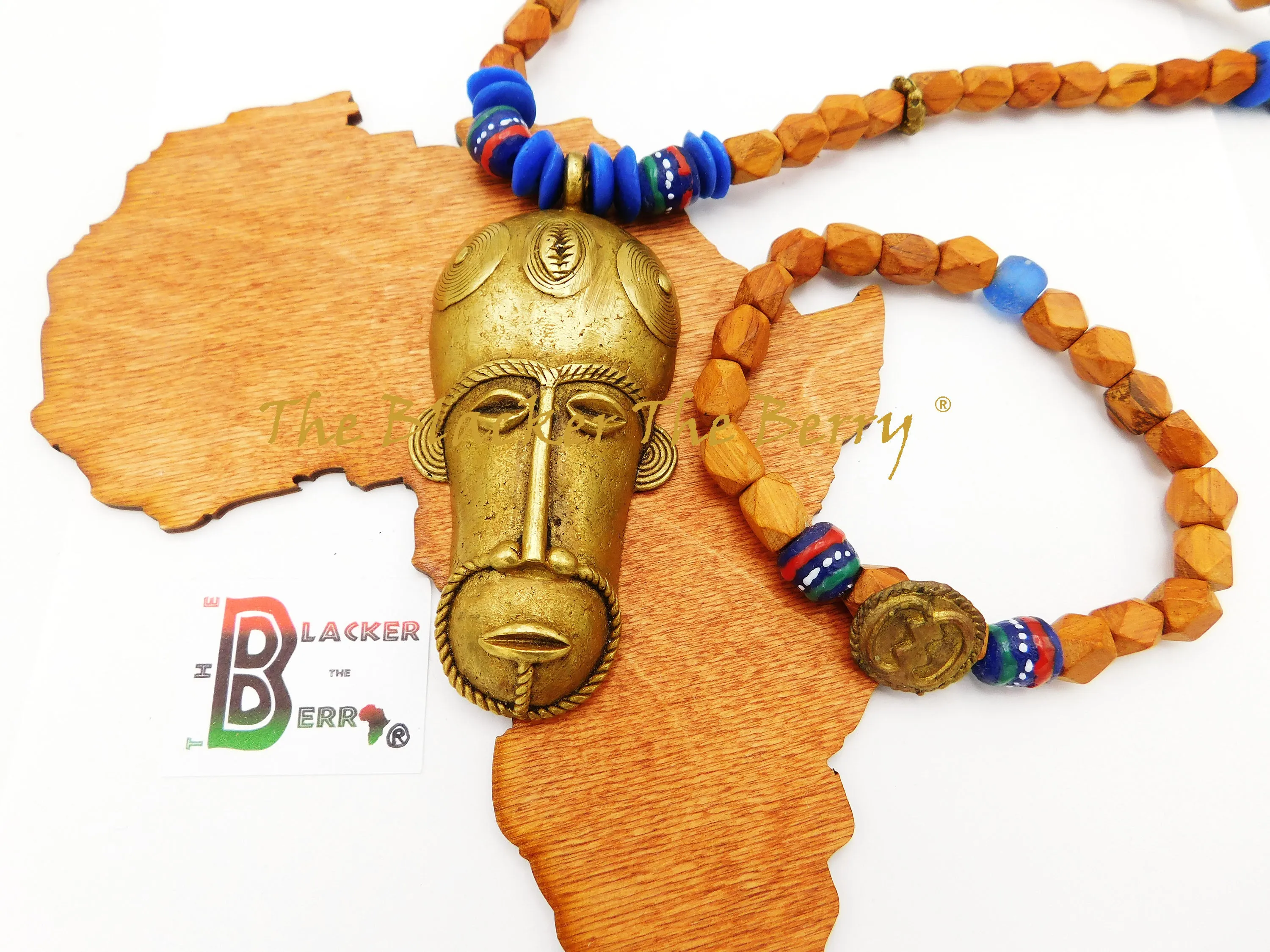 African Men Necklaces Ethnic  Wooden Blue Jewelry Mask Beaded The Blacker The Berry