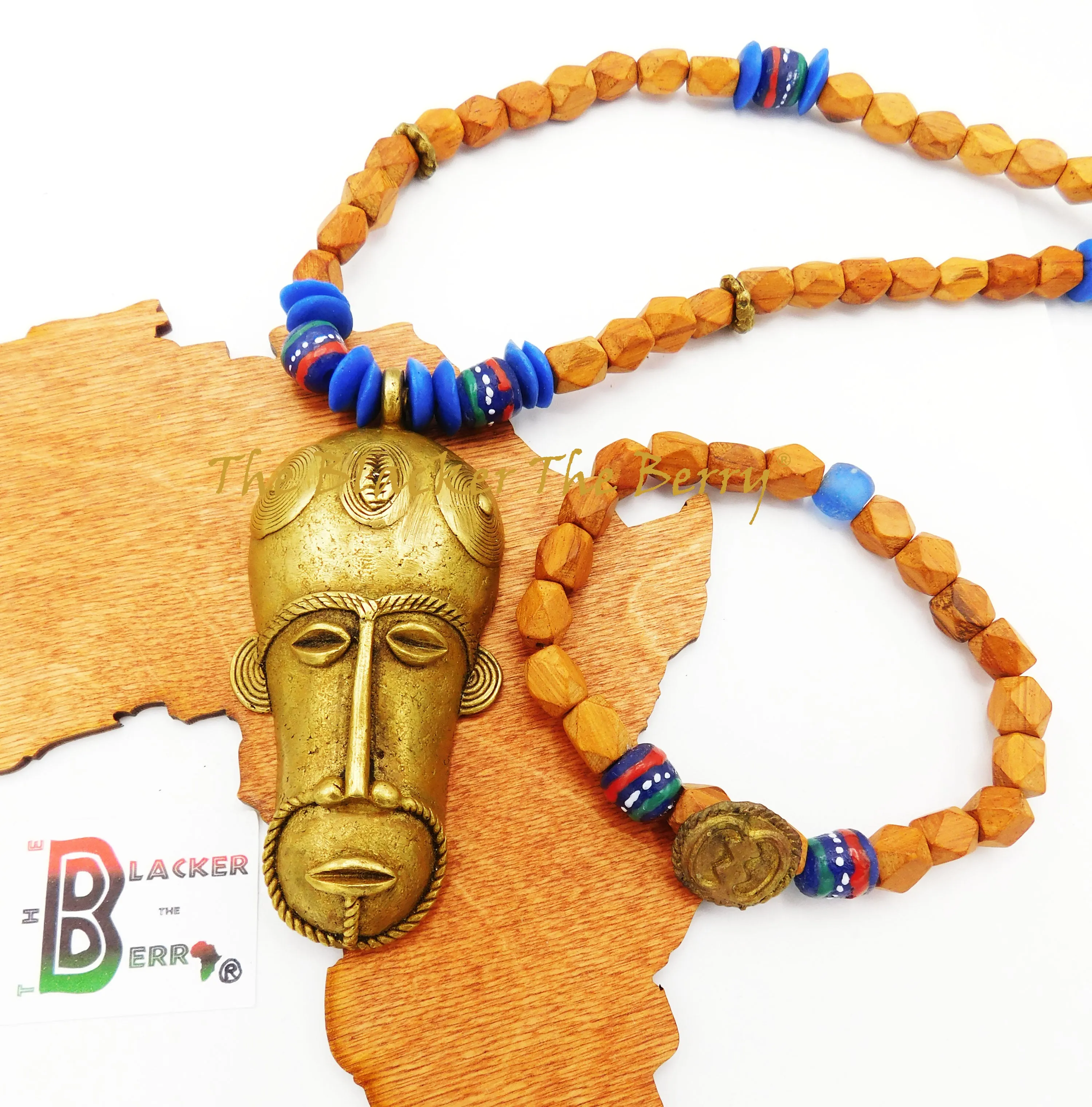 African Men Necklaces Ethnic  Wooden Blue Jewelry Mask Beaded The Blacker The Berry