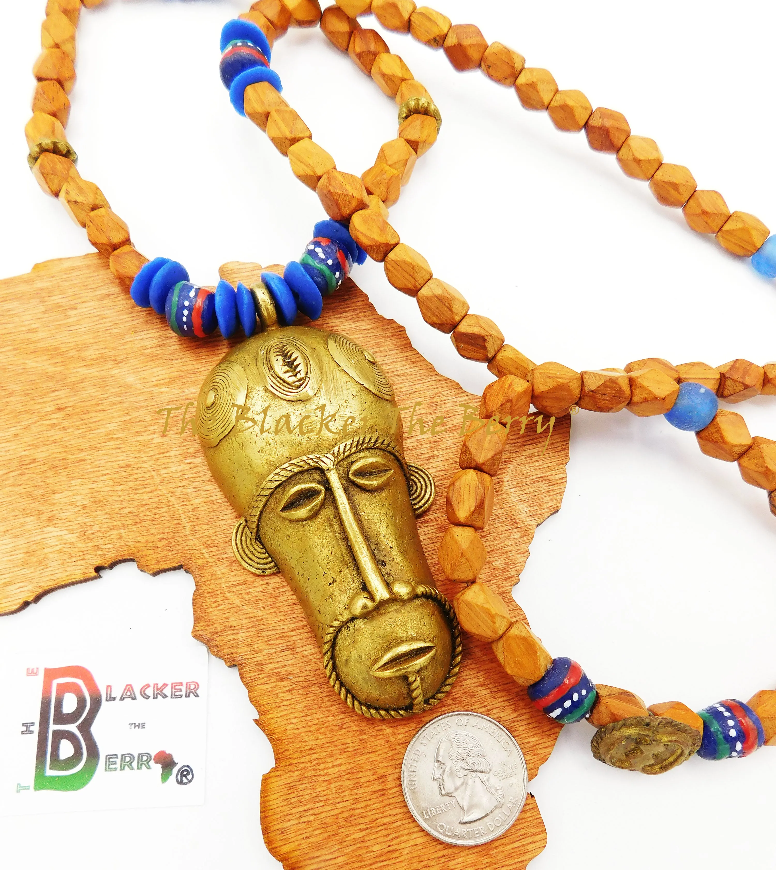 African Men Necklaces Ethnic  Wooden Blue Jewelry Mask Beaded The Blacker The Berry