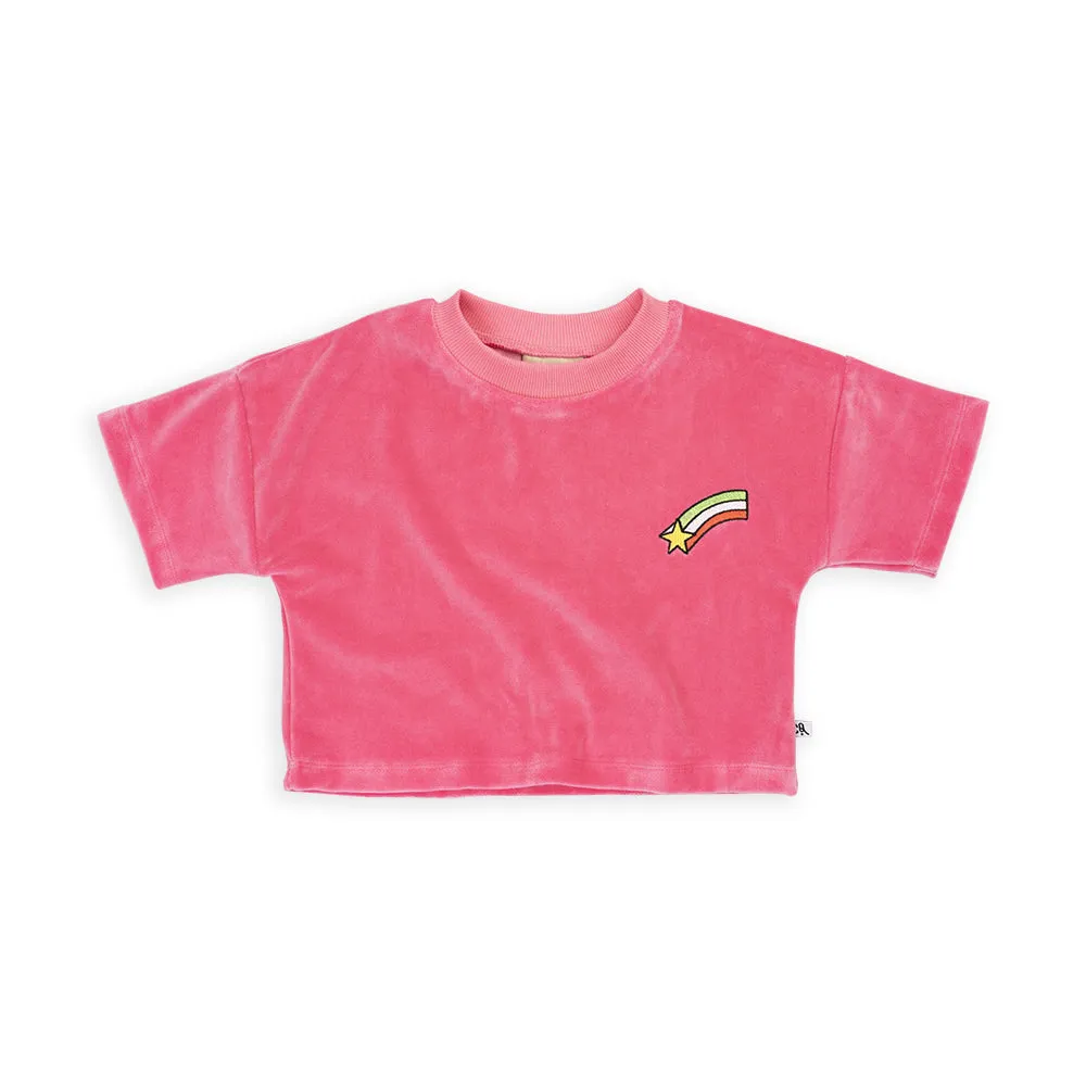 CarlijnQ Pink Velour Cropped Crewneck Top With Embroidery