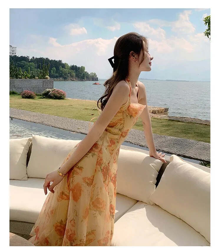 French Vintage Dress Women Elegant Backless Floral Halter Neck Midi Dress Summer Chiffon Holiday Beach Dresses for Women 2022