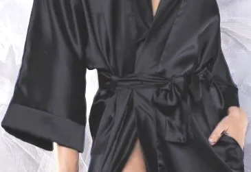 Mid length black satin kimono 115