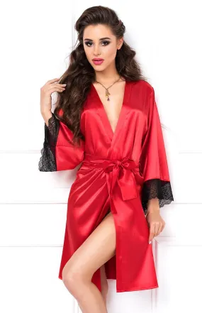 Mid length satin and lace red kimono robe Nicole