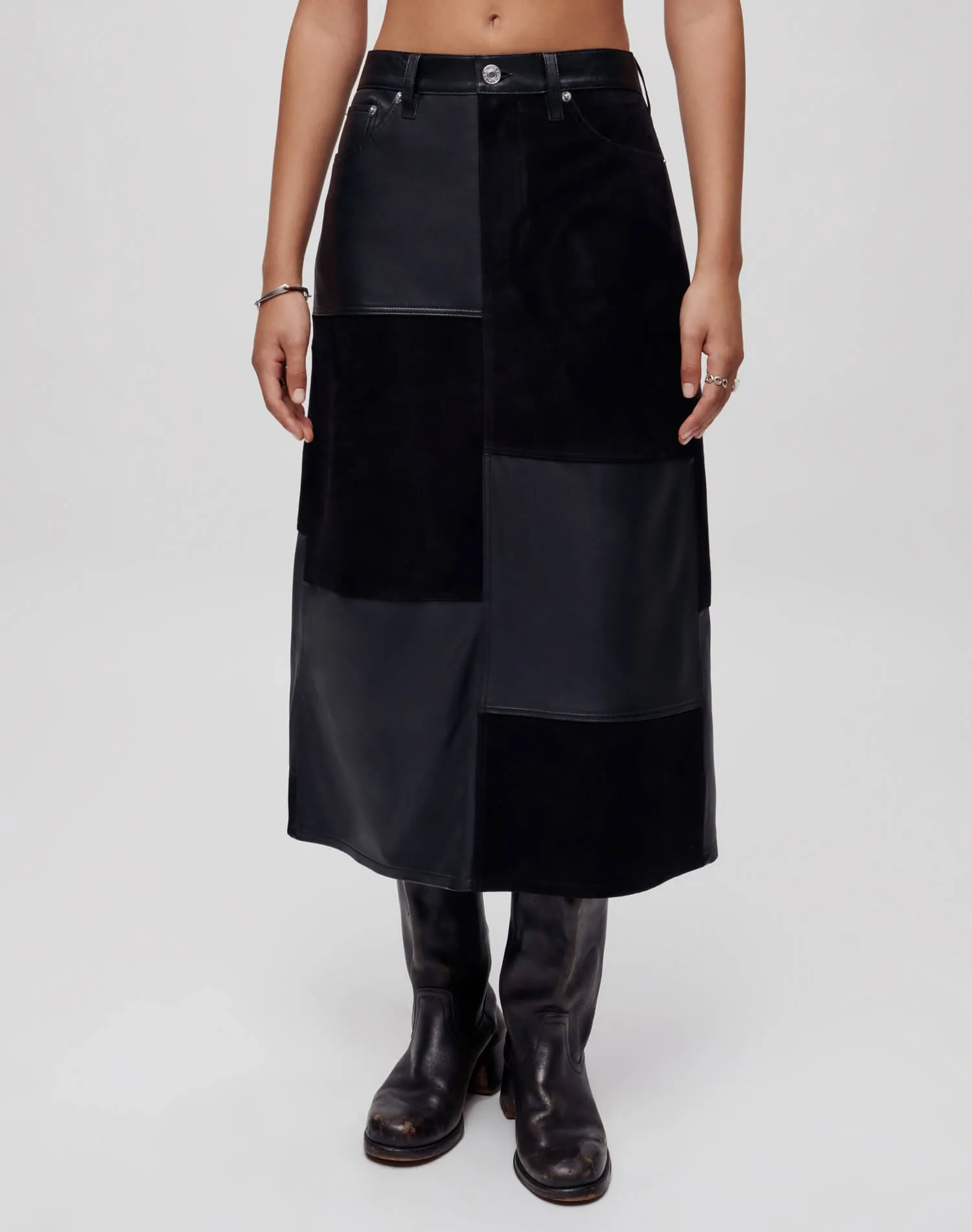 Mid Rise Leather Patchwork Skirt - Black Suede And Leather