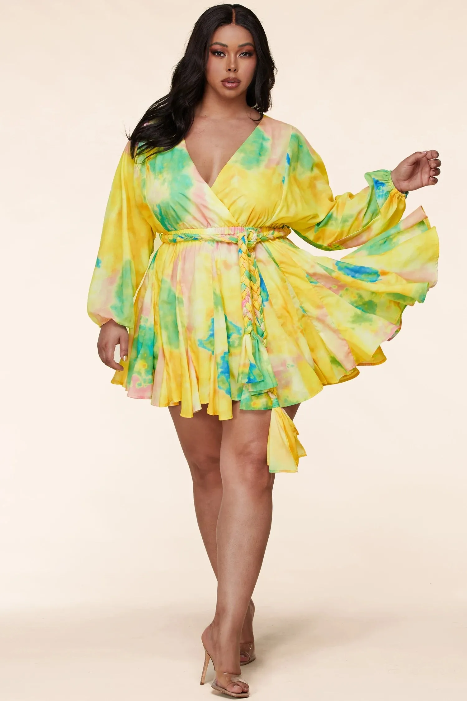 Plus Size Long Sleeve Multi-Color Tie Dye Mini Dress