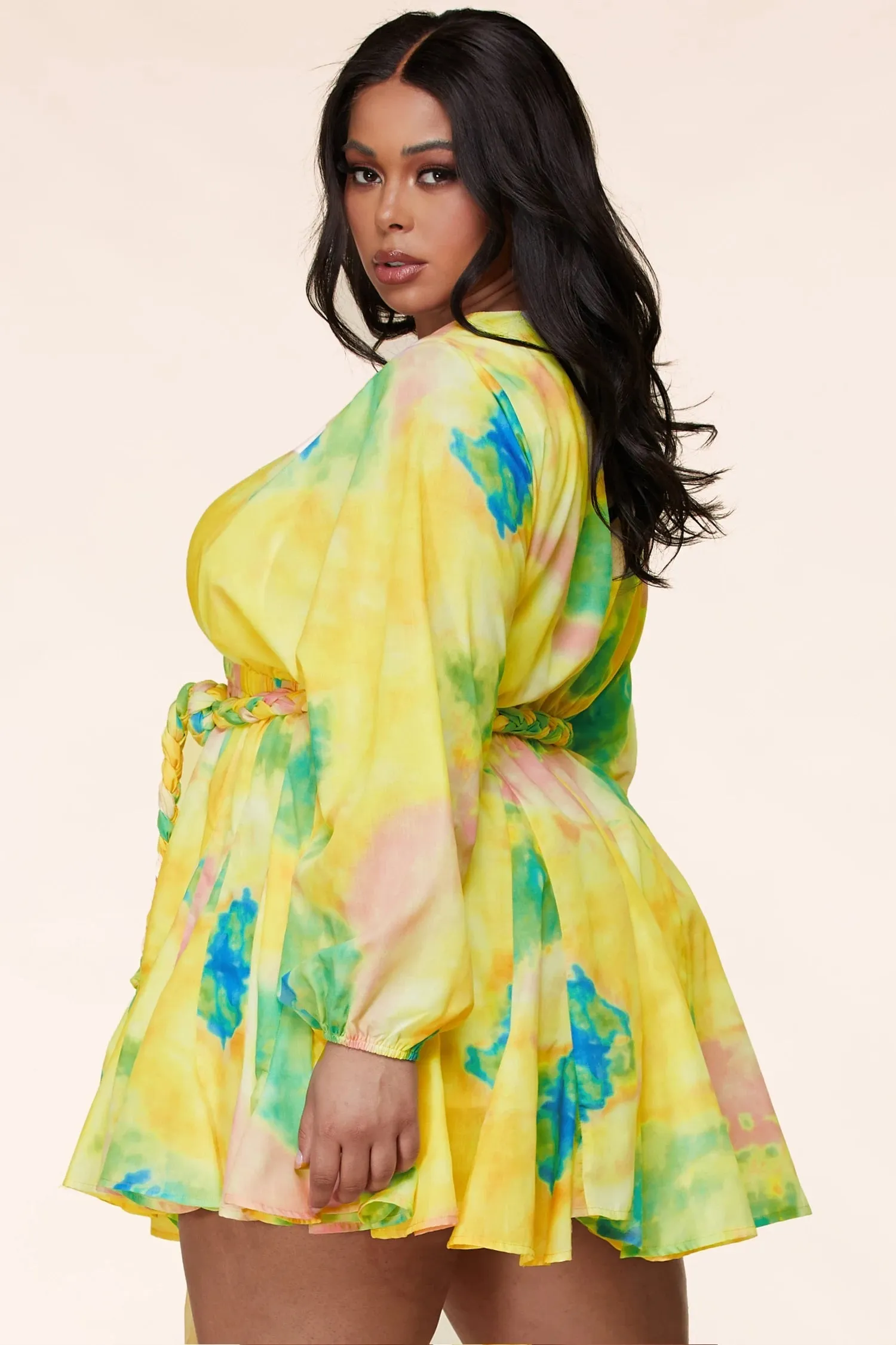 Plus Size Long Sleeve Multi-Color Tie Dye Mini Dress