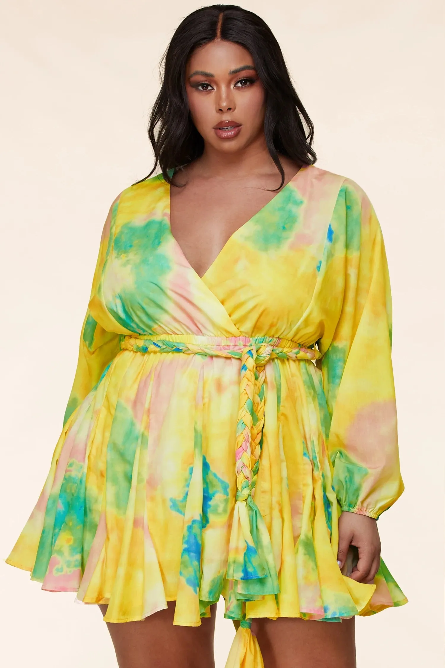 Plus Size Long Sleeve Multi-Color Tie Dye Mini Dress