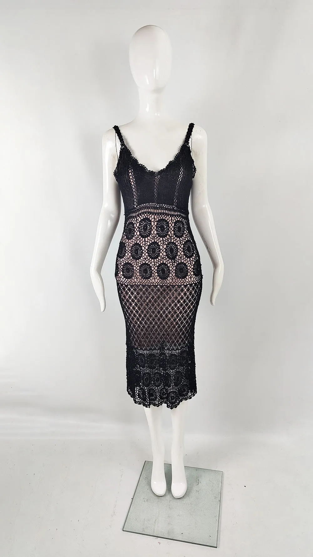 Ronit Zilkha Vintage Y2K Black Beaded Crochet Dress