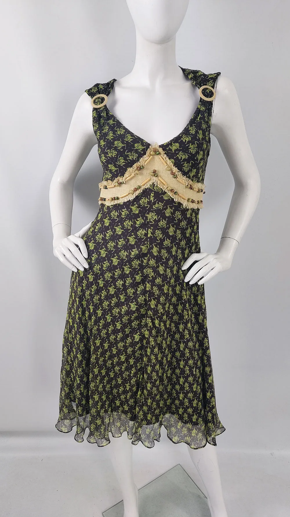 Ronit Zilkha Vintage y2k Pure Silk Chiffon Frog Print Dress