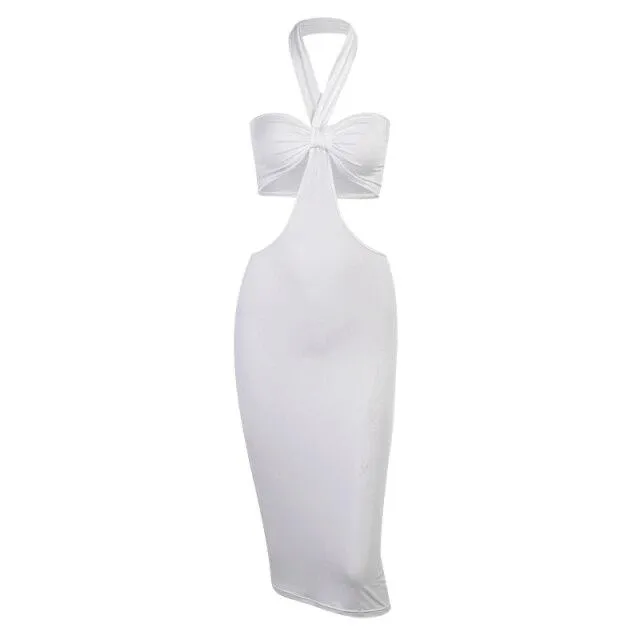 Sexy Women's White Cutout Waist Halter Neck Mid Calf Length Pencil Dress