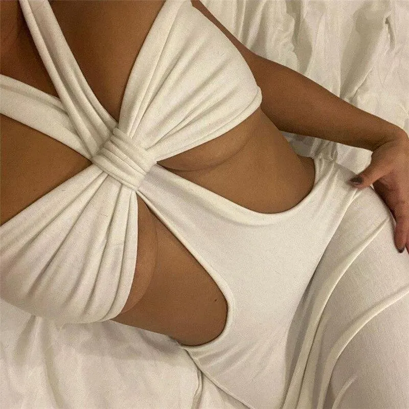 Sexy Women's White Cutout Waist Halter Neck Mid Calf Length Pencil Dress