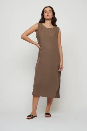 SLEEVELESS MAXI LINEN DRESS WITH COTTON TRIM & SIDE SLIT