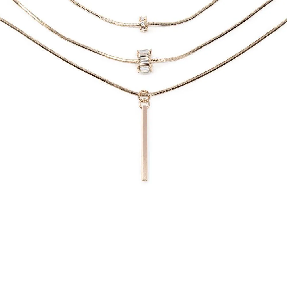 Three Layer Snake Chain Necklace CZ Pave and Bar Drop Rose Gold Plated