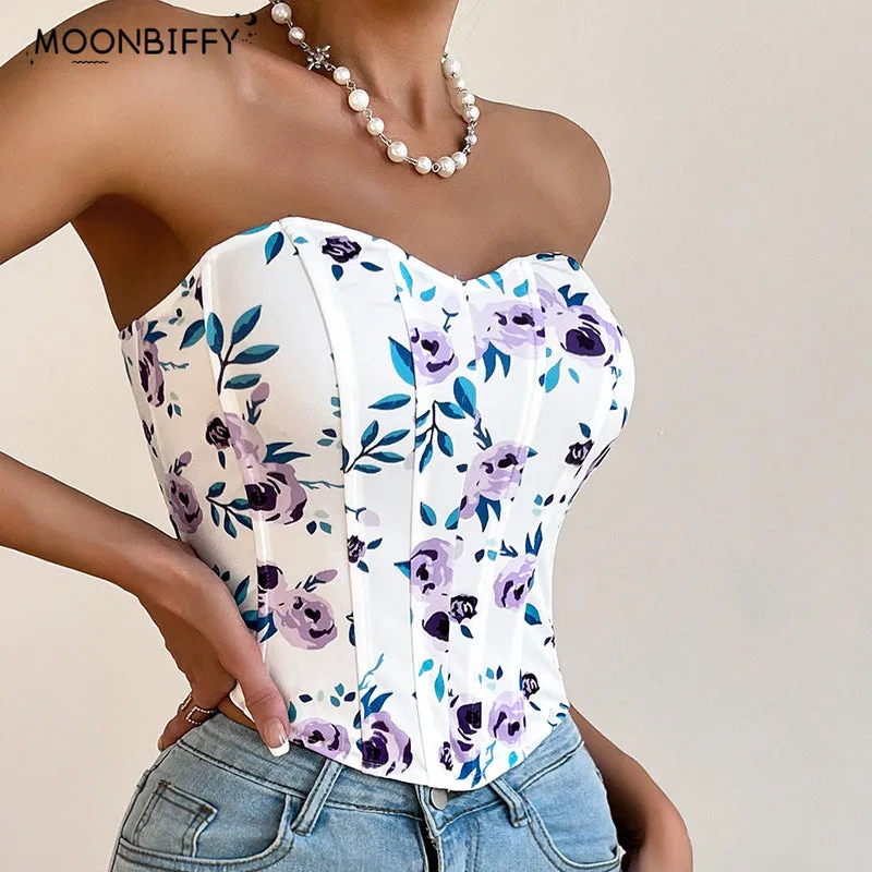 Unique Overbust Floral Corset, Y2k Bustier Crop Top, Elegant Retro Corset Top for Womens