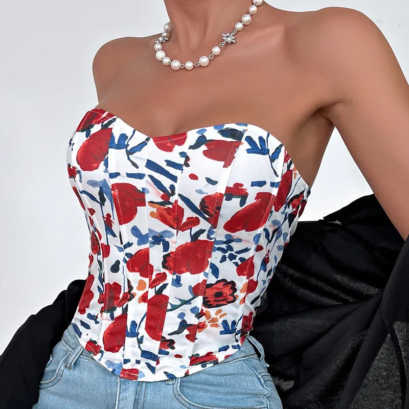 Unique Overbust Floral Corset, Y2k Bustier Crop Top, Elegant Retro Corset Top for Womens