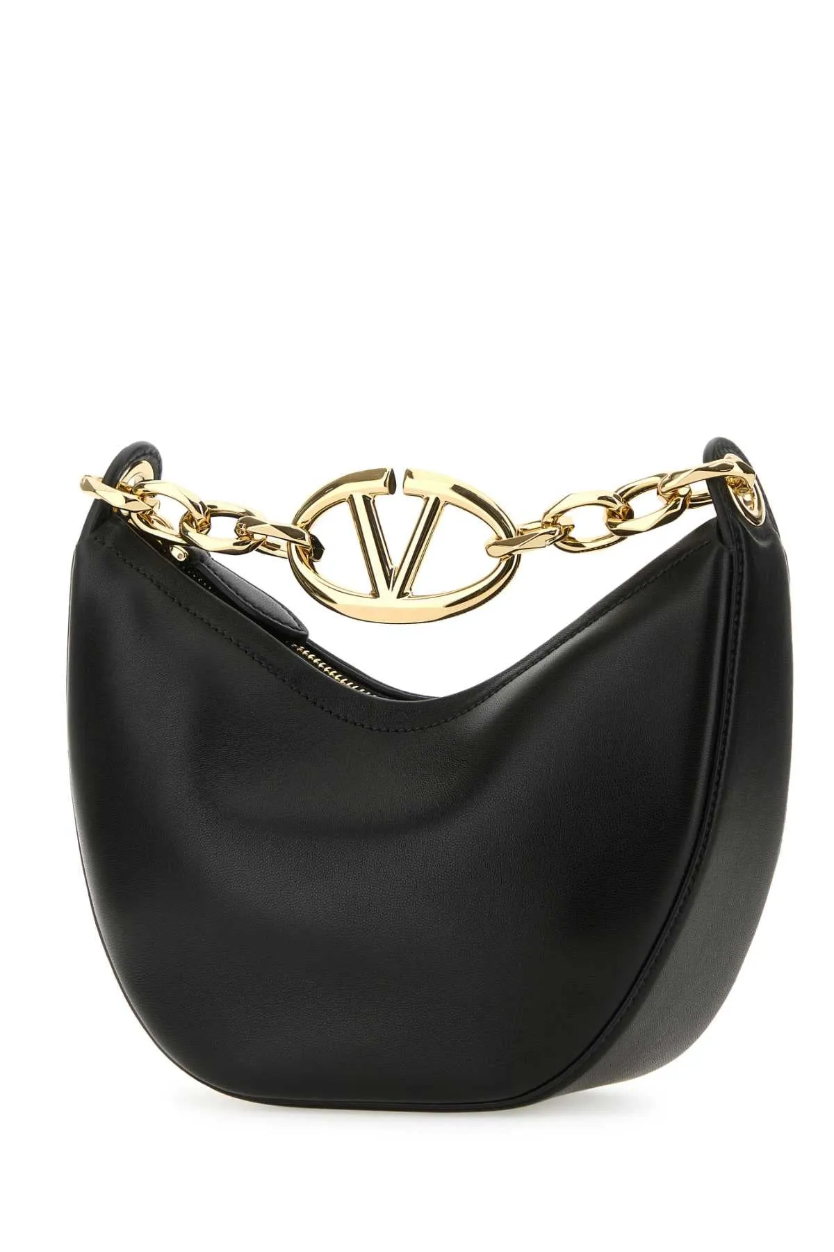 Valentino Garavani Black Leather Small Hobo V Logo Moon Handbag