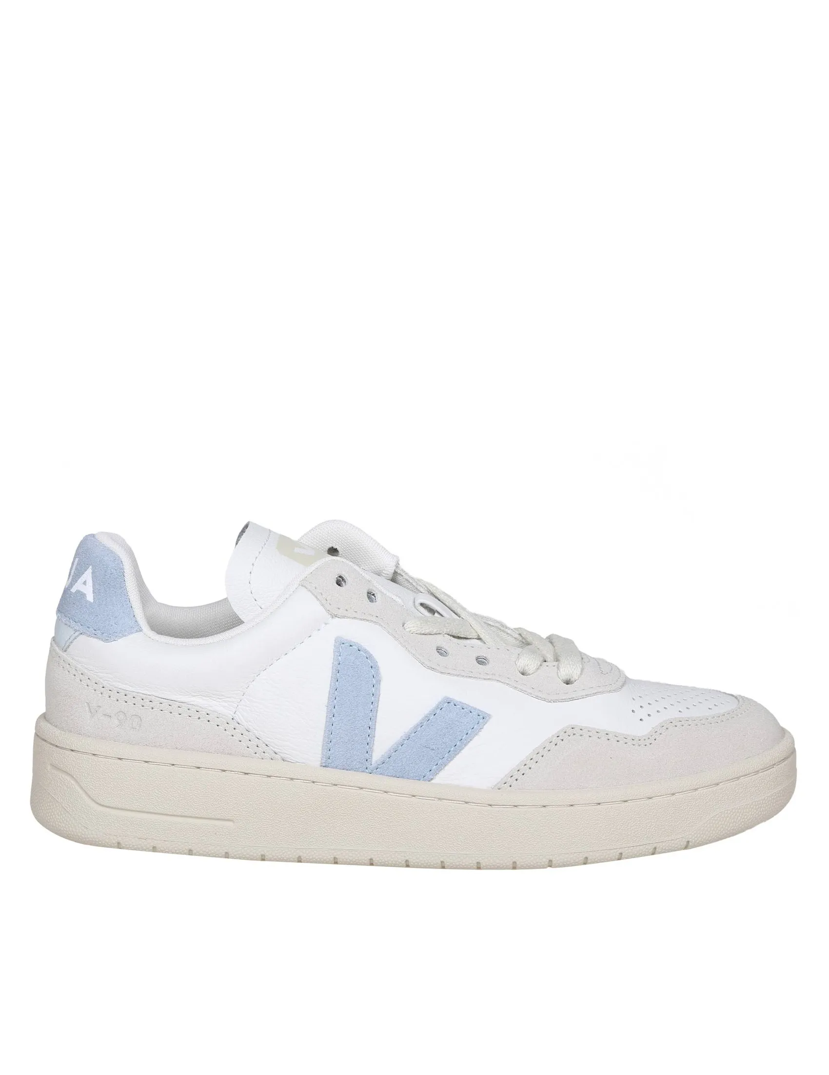 VEJA V 90 SNEAKERS IN WHITE AND LIGHT BLUE LEATHER AND SUEDE