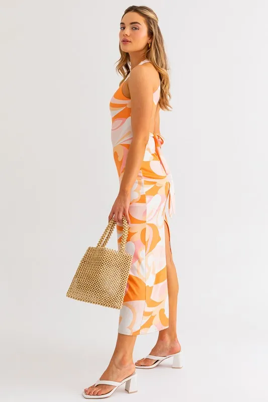 White-Orange Casual Sleeveless Midi Dress