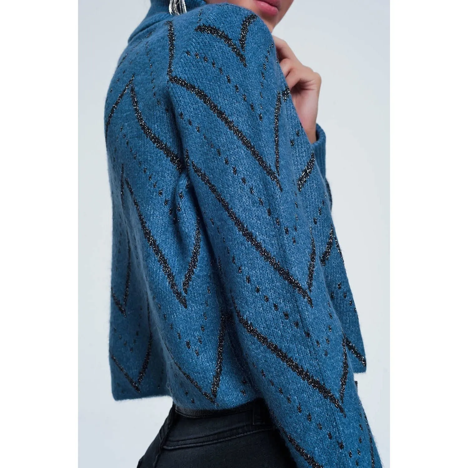 Woven Blue Turtleneck Sweater