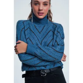 Woven Blue Turtleneck Sweater