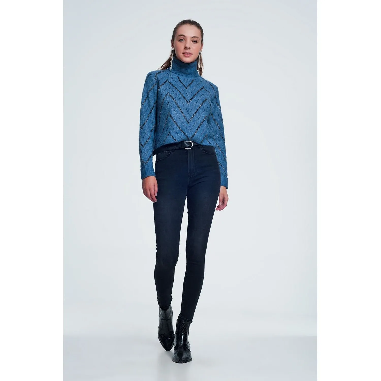 Woven Blue Turtleneck Sweater