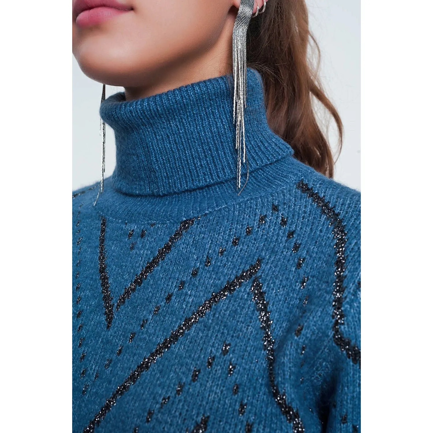 Woven Blue Turtleneck Sweater