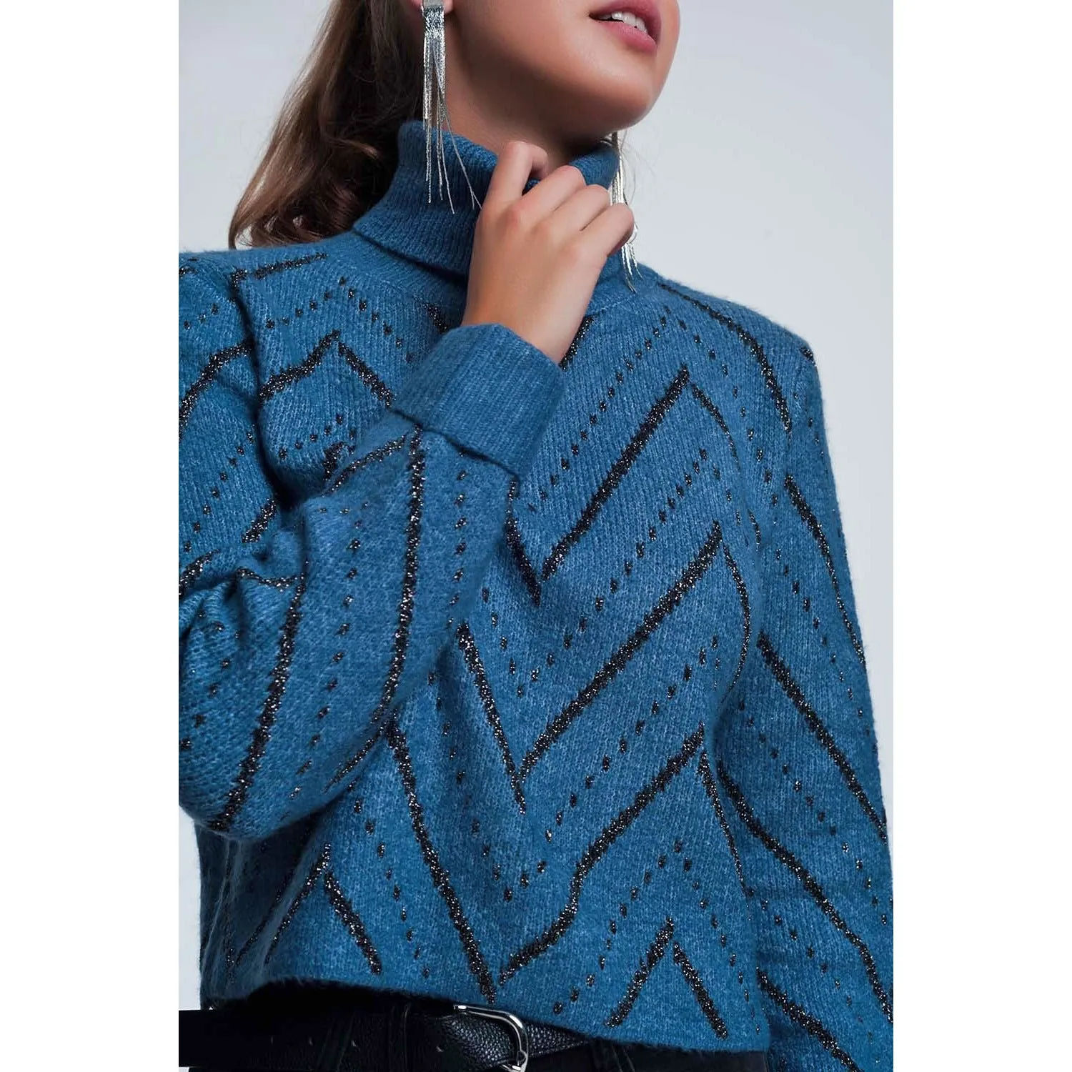 Woven Blue Turtleneck Sweater