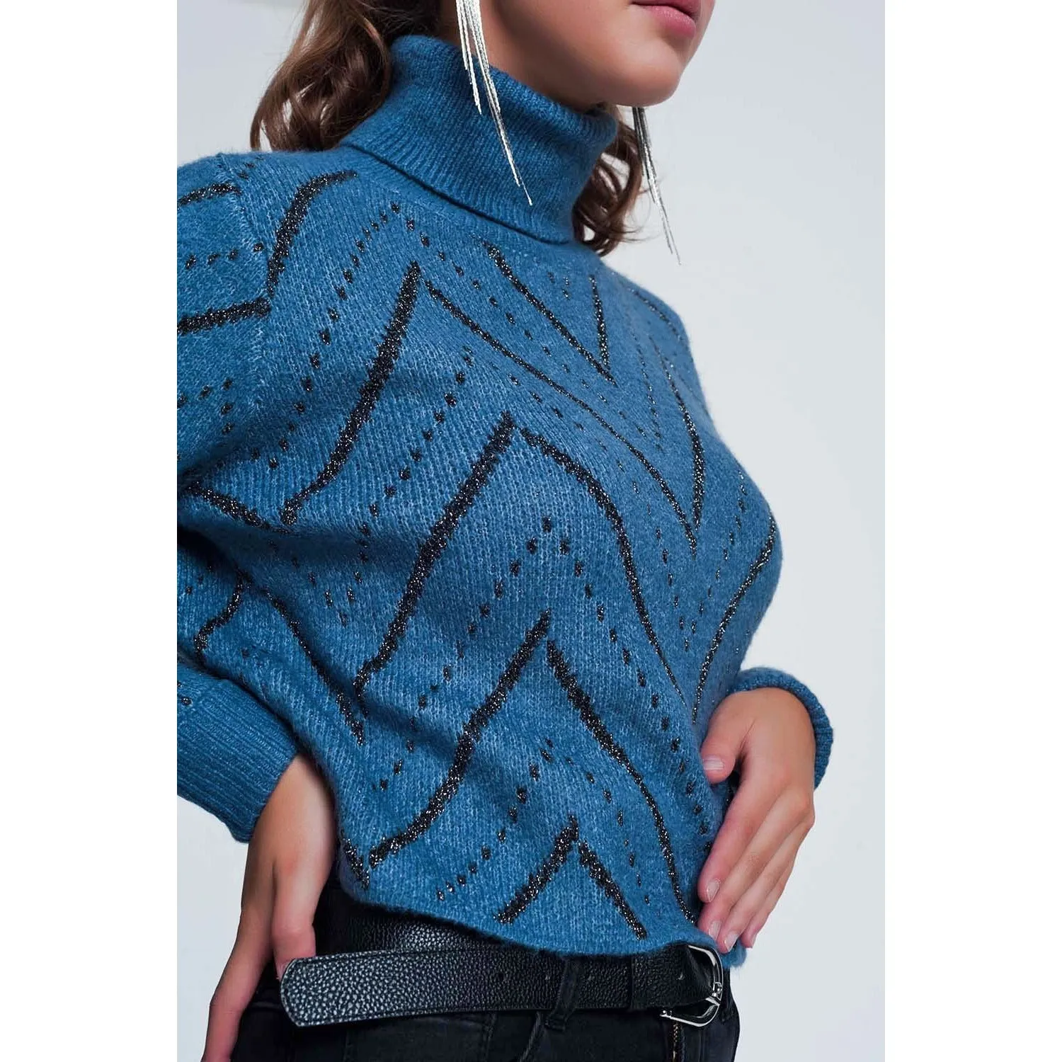 Woven Blue Turtleneck Sweater