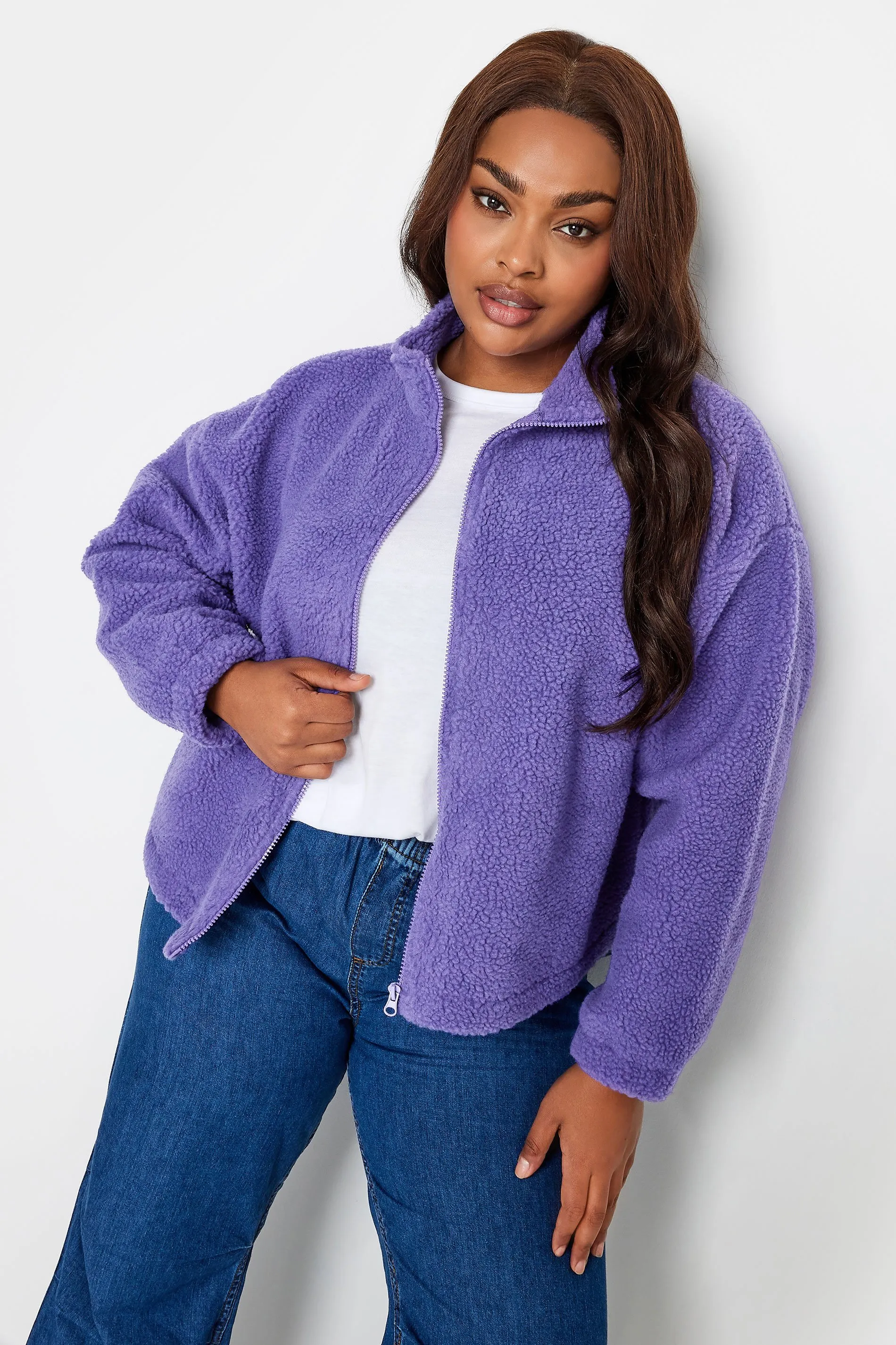 YOURS Curve Purple Cropped Zip Through Teddy Fleece