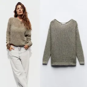 ZARA  |Casual Style Elegant Style Khaki V-neck & Crew neck